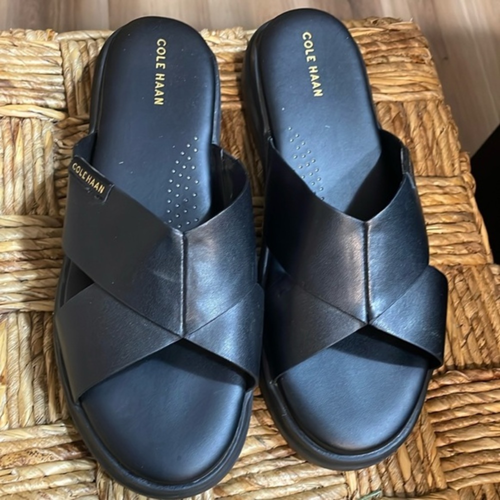 Cole Haan Black Leather Cross-Strap Slide Sandals